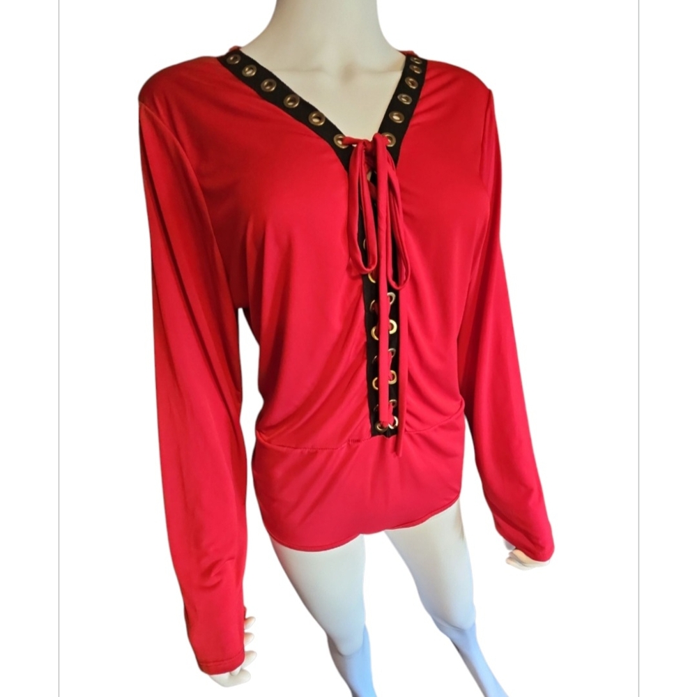 Topia Red Tie Front Blouse with Black Trim